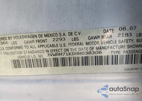 2008 Volkswagen Jetta Se/Sel z USA, uszkodzony, nr VIN 3VWRM71K08M038306